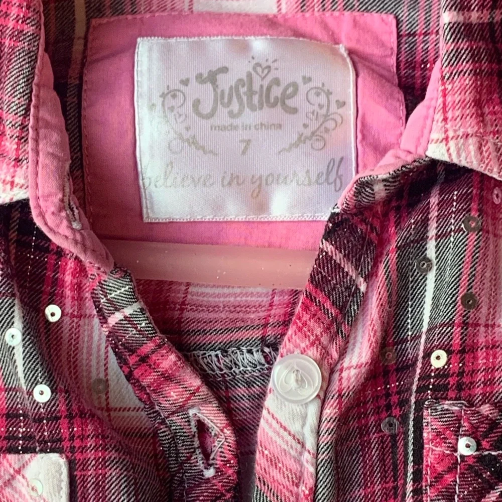 3 for $12 Justice Girls Size 7 Pink Black Silver Plaid Shirt.